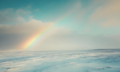 A serene landscape with a rainbow arching over a snowy field under a soft blue sky.