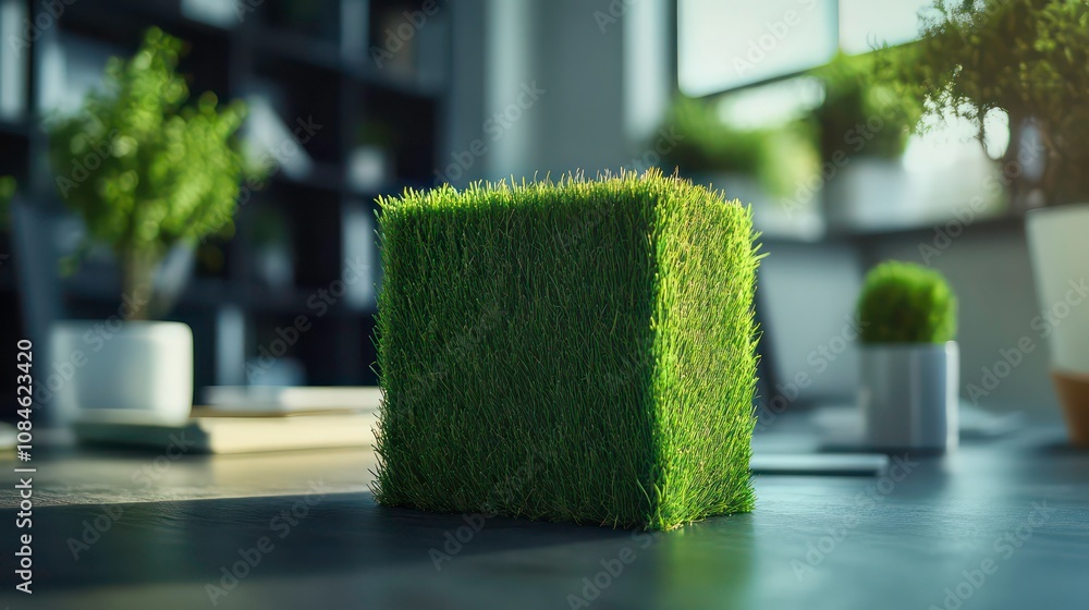 Poster A cube of artificial grass sits on a desk with other plants in the background.