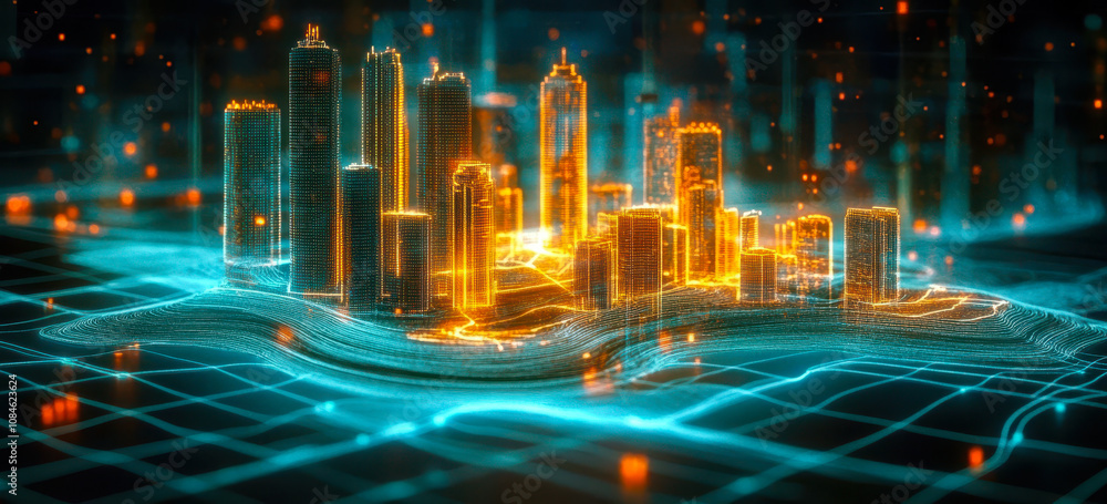 Poster futuristic holographic city model showcasing energy flow and usage data visualization