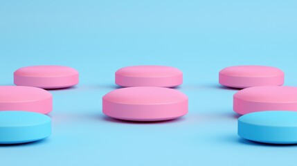 Pink and blue round objects arranged on pastel blue background. Minimalistic 3D composition.