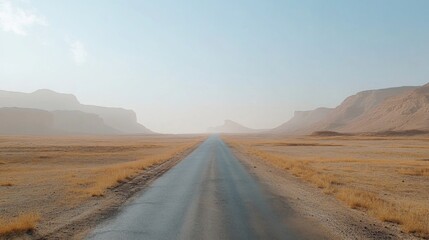Naklejka premium A long, straight road stretches through a vast desert landscape