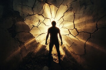 powerful silhouette of an individual breaking through a wall, with rays of light