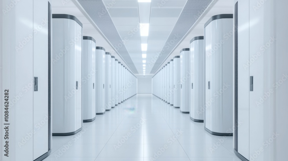 Poster modern data center with rows of white server cabinets in a bright, futuristic interior. symmetrical 