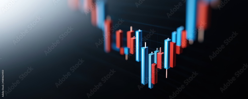 Aufkleber abstract 3d candlestick chart in blue and red on a dark background with light gradient.