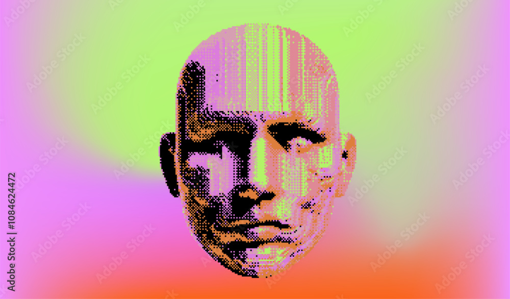 Poster vibrant digital portrait in vivid color palette.vector illustration of a human face rendered with bo