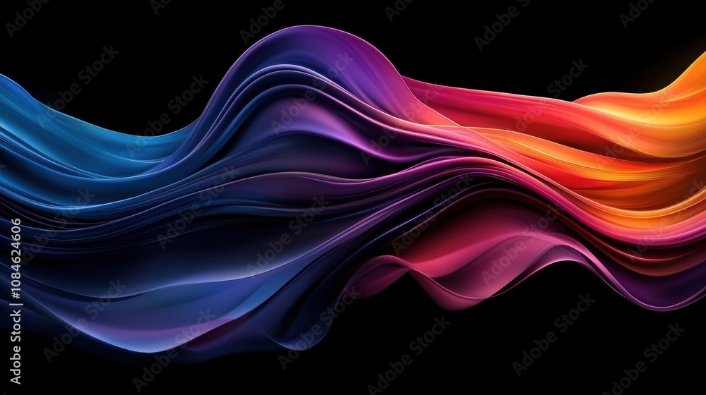 Poster abstract multicolor flowing waves on black background. digital art design in vibrant gradient colors
