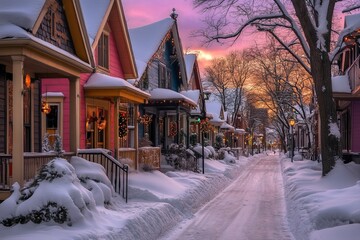 Winter scene of a charming street lined with snow-covered houses and twinkling lights.