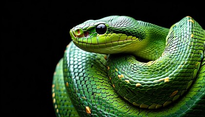 A green snake coiled with a sharp focus on its textured scales and striking eyes.