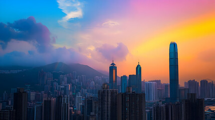 Fototapeta premium A vibrant sunset over a city skyline, showcasing modern architecture and natural beauty.