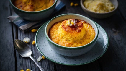 Corn Pudding: Sweet, custard-like dish made with corn, eggs, and cream, baked until golden. 