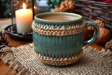 Fototapeta premium Teal Ceramic Mug Wrapped in Rope on a Woven Placemat