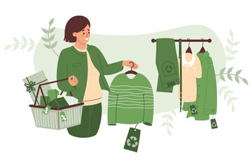 Shopping. Eco friendly clothing sustainable fashion. Woman buying fashionable sweater. Hanger with various clothes made from recycled material textile. Vector illustration. Conscious female shopper.