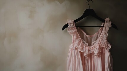 A pink lace nightgown hangs on a black hanger against a textured wall. - Powered by Adobe