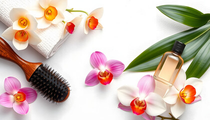 Spa, aromatherapy, beauty treatment and wellness background with massage brush, towel, orchid flowers and cosmetic products. Top view and flat lay isolated with white highlights, png