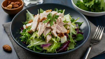 Turkey Salad: Fresh turkey salad with crisp greens, nuts, and a light dressing, arranged to capture the balance of protein and fresh vegetables
