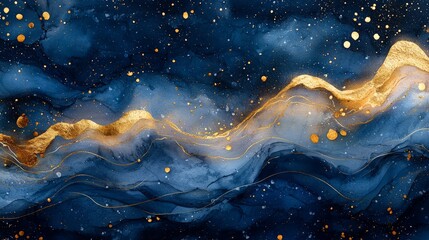 Abstract artwork featuring dark blue waves with gold accents and speckles.