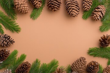 Naklejka premium Detailed close-up of pine cones and branches on rustic brown backdrop.