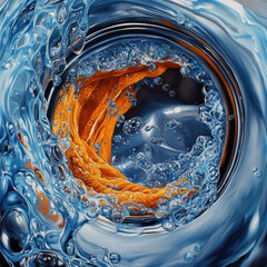 Water whirlpool inside washing machine drum during high-speed spinning cycle in vibrant blue
