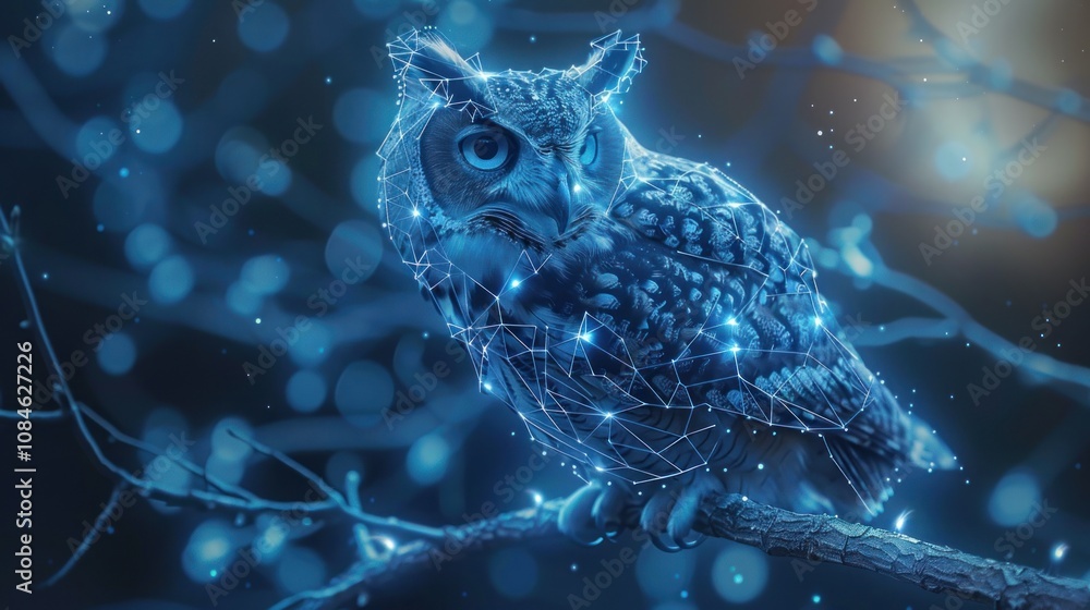 Poster a digital rendering of an owl perched on a branch, with a blue glow and a network of lines connectin