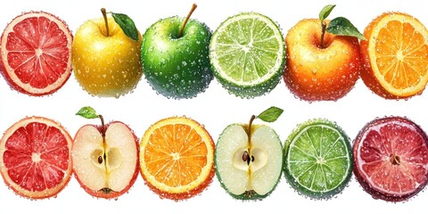 Slices of Citrus Fruits, Apples, and Limes with Water Droplets