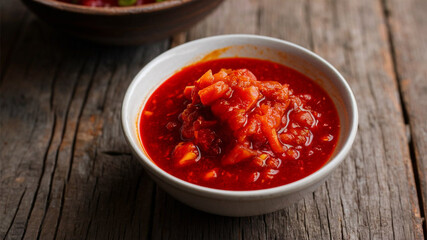 Sambal: A fiery, chunky red sauce in a plain bowl, placed on a rough-hewn wooden table.