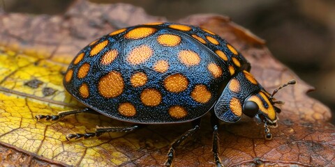 Obraz premium A Macro View of a Blue and Orange Spotted Beetle on a Leaf