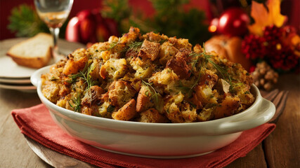 Thanksgiving Stuffing: Homemade stuffing made with bread and herbs, shown in a classic serving dish with a cozy,