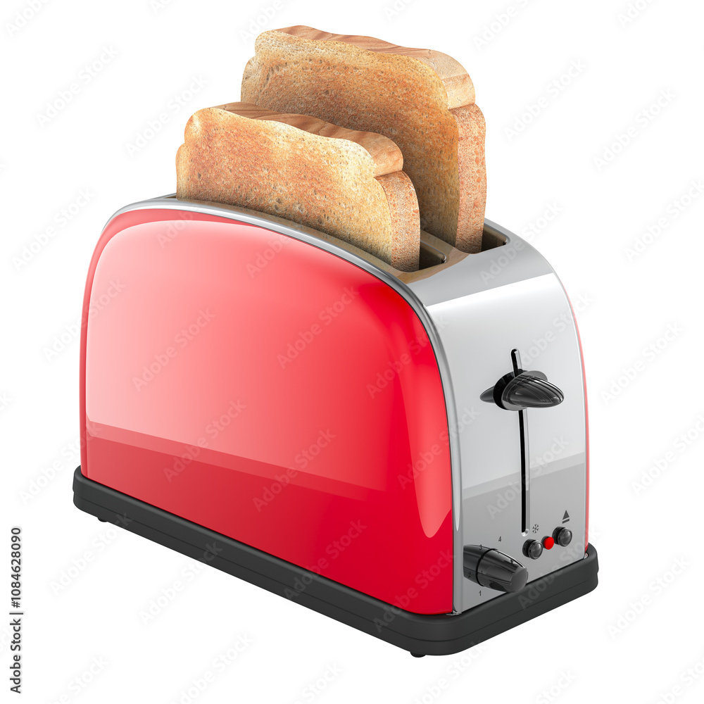 Poster red toaster with slices of fried bread, 3d rendering isolated on transparent background