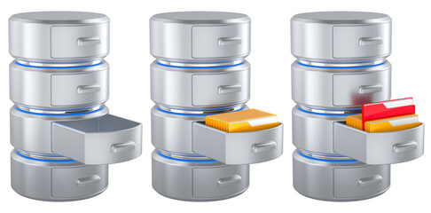 Database empty and databases with folders inside, 3D rendering isolated on transparent background
