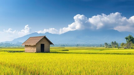 A scenic view of a traditional bamboo hut surrounded by expansive rice fields, with mountains in the distance and clear blue skies