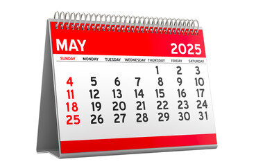 May 2025 Desk Calendar, 3D rendering isolated on transparent background