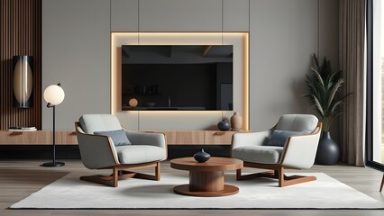 living room interior with a warm, neutral color palette. The layout features two low, cushioned chairs with light gray upholstery and wooden bases, positioned around a round wooden coffee table. 