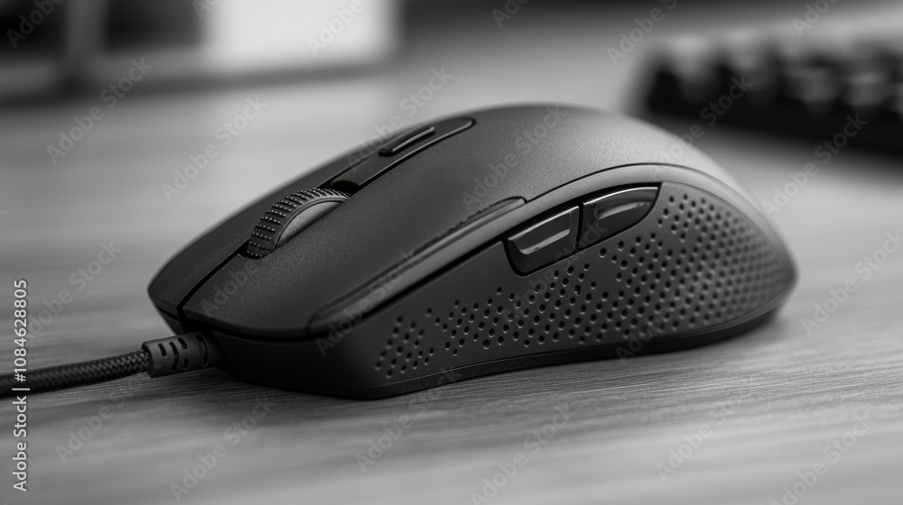 Poster a black computer mouse with a cord