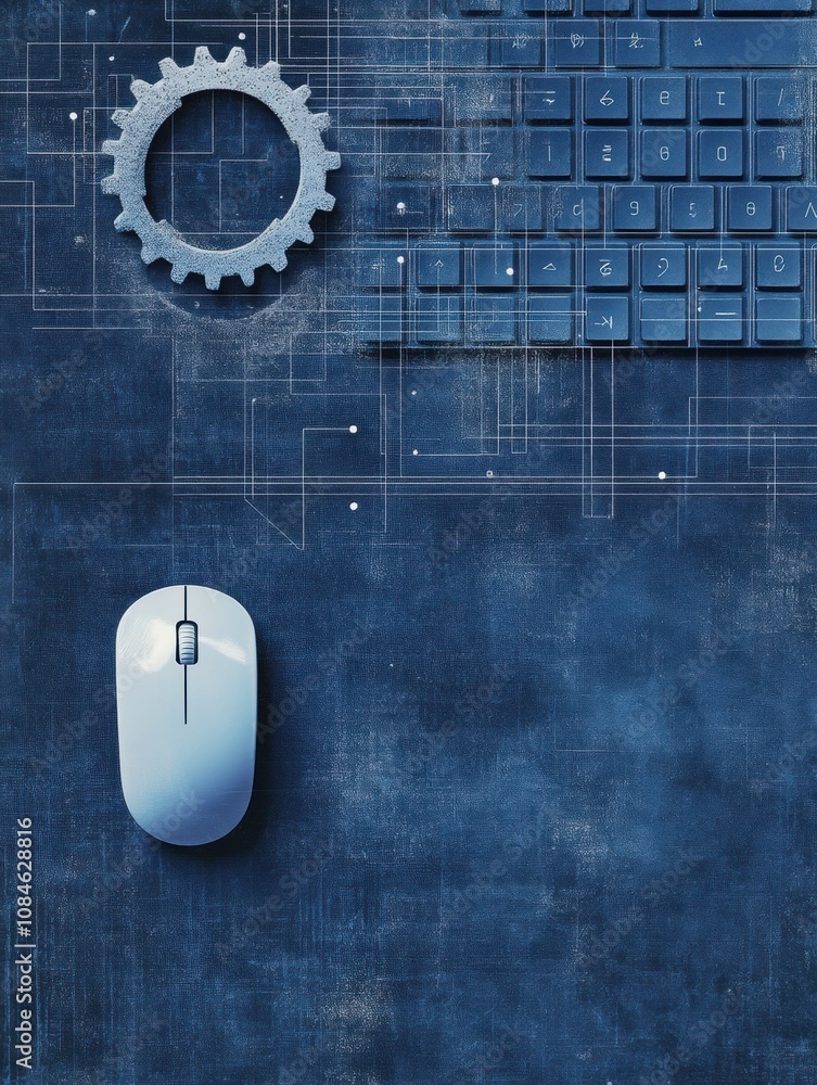 Leinwandbilder a keyboard sits alongside a mouse and gear overlay, representing the intersection of technology and 