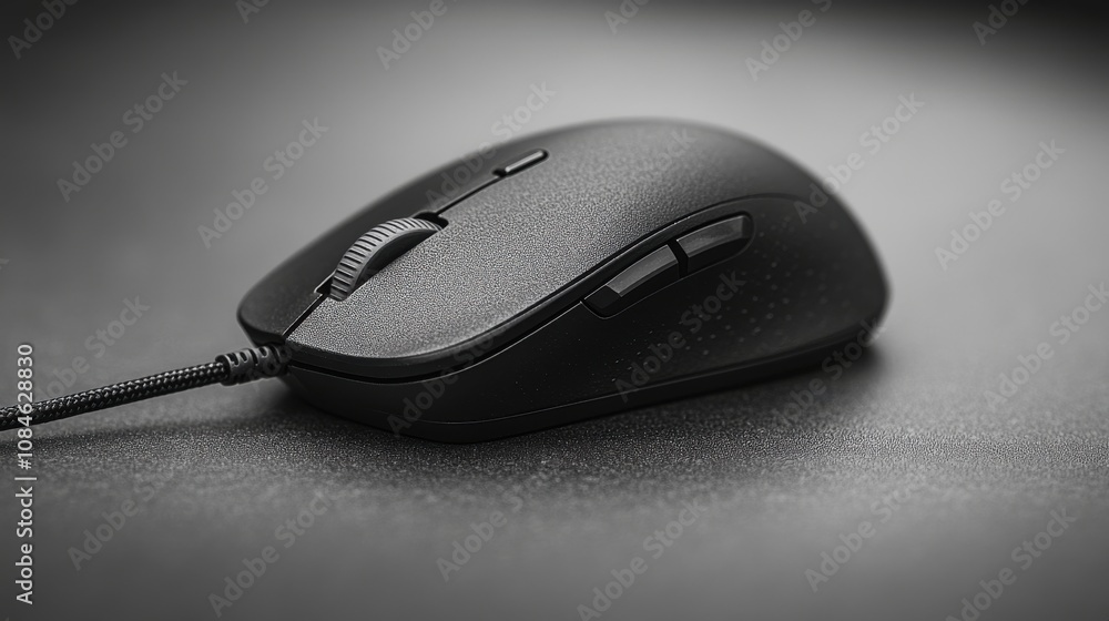 Poster a black computer mouse with a cord