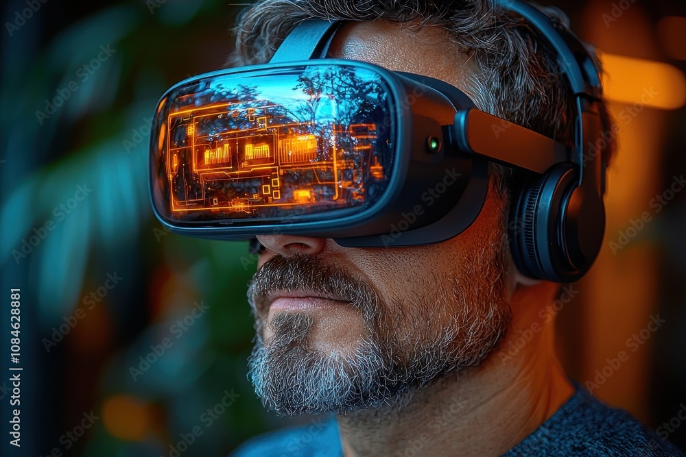 Poster man immersed in virtual reality with headphones and glowing interface