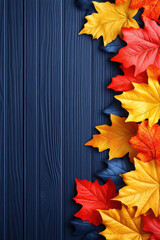 Blue wooden texture framed by colorful leaves