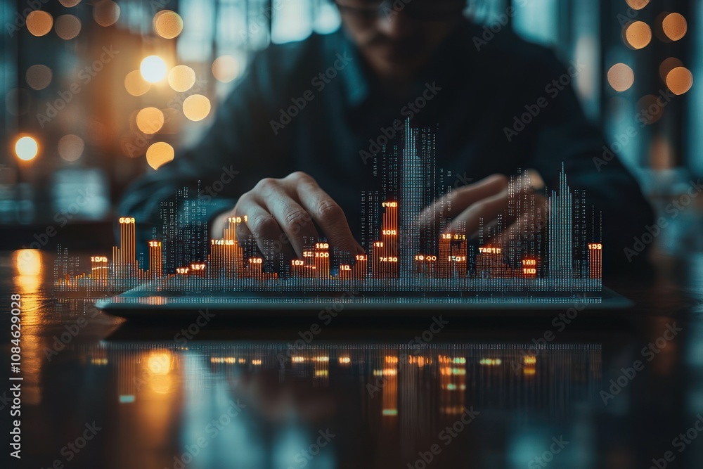 Poster a man's hand interacting with a digital skyline on a tablet