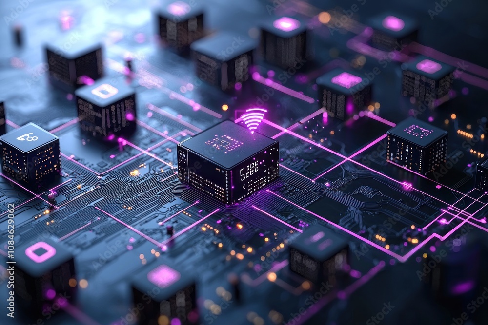 Poster futuristic network of interconnected cubes with glowing pink lines and a wireless signal icon