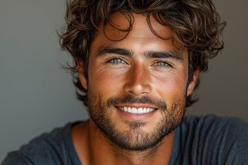 Fototapeta premium Portrait of a smiling man with curly brown hair and green eyes.