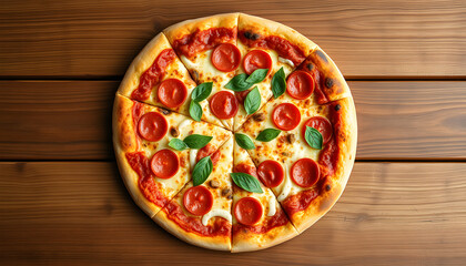 Yummy pizza sliced on rustic wooden table background with free space. Junk food, bad habits. Italian traditional cuisine isolated with white highlights, png