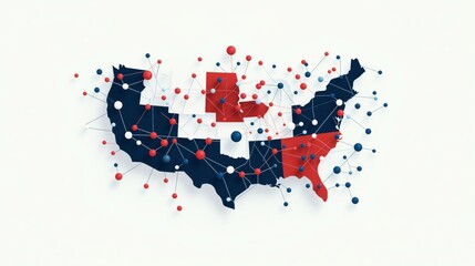 Obraz premium Abstract network map of the United States with interconnected nodes in red, white, and blue colors.