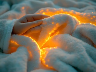 A cozy hand rests on a warm, glowing blanket, creating a serene, inviting atmosphere.