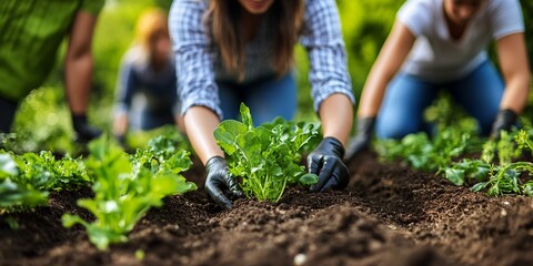 Fototapeta premium Community Members Engaged in Sustainable Gardening Activities During a Sunny Afternoon, Cultivating Fresh Vegetables Together in an Urban Garden Space
