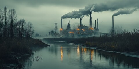 Dark Clouds Loom Over an Industrial Area by the River, Where Smoke Billows From Tall Factory Chimneys During a Gloomy Evening