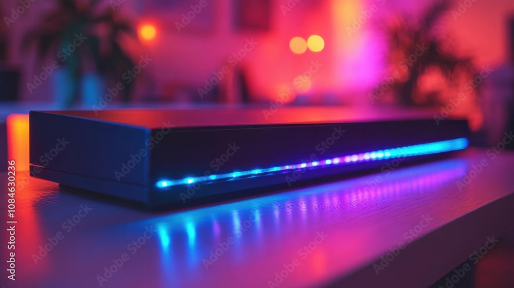 Poster a black rectangular object with colorful lights