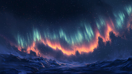 The photo shows a beautiful night sky with a colorful aurora borealis, also known as the northern lights. Aurora. Illustration