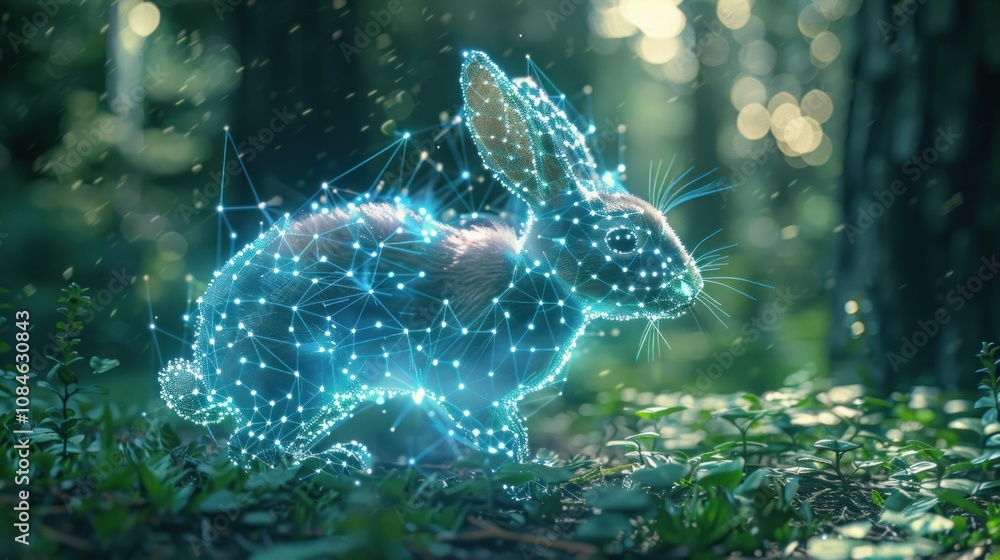 Poster a digital rendering of a rabbit in a forest, glowing with blue light and connected by lines, symboli