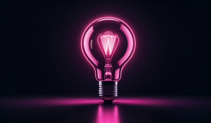 Pink holographic glowing lightbulb with copy space.