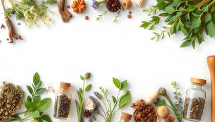 Apothecary of natural wellness and self-care. Herbs and medicine on white background top view frame copy space isolated with white highlights, png
